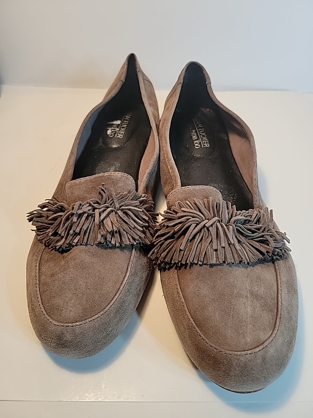 Adam Tucker Taupe Suede Fringe Loafers Sz 10